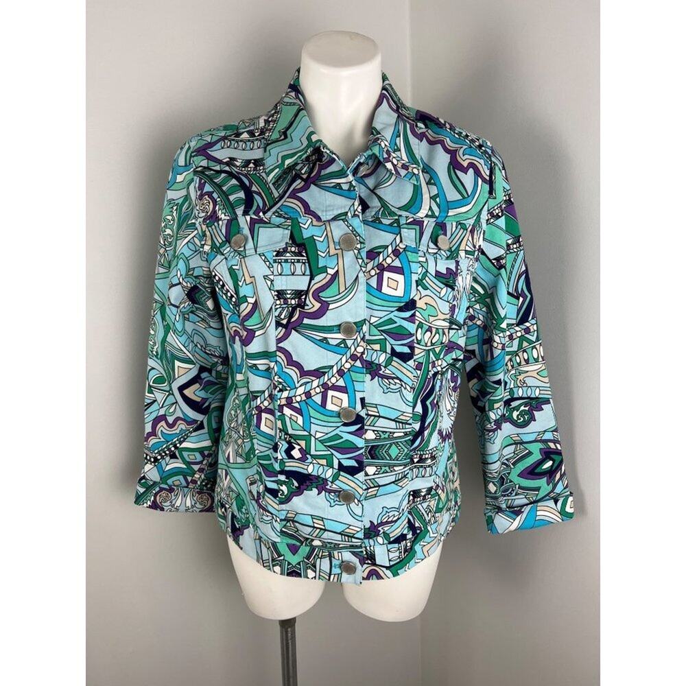 Chico's Funky Abstract Artsy Pattern Button Up Jacket Large